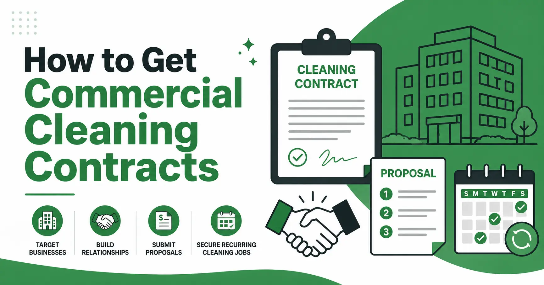 Descubra cómo los negocios janitorial ganan contratos recurrentes de limpieza comercial, desde encontrar prospectos adecuados hasta redactar propuestas que se firman.