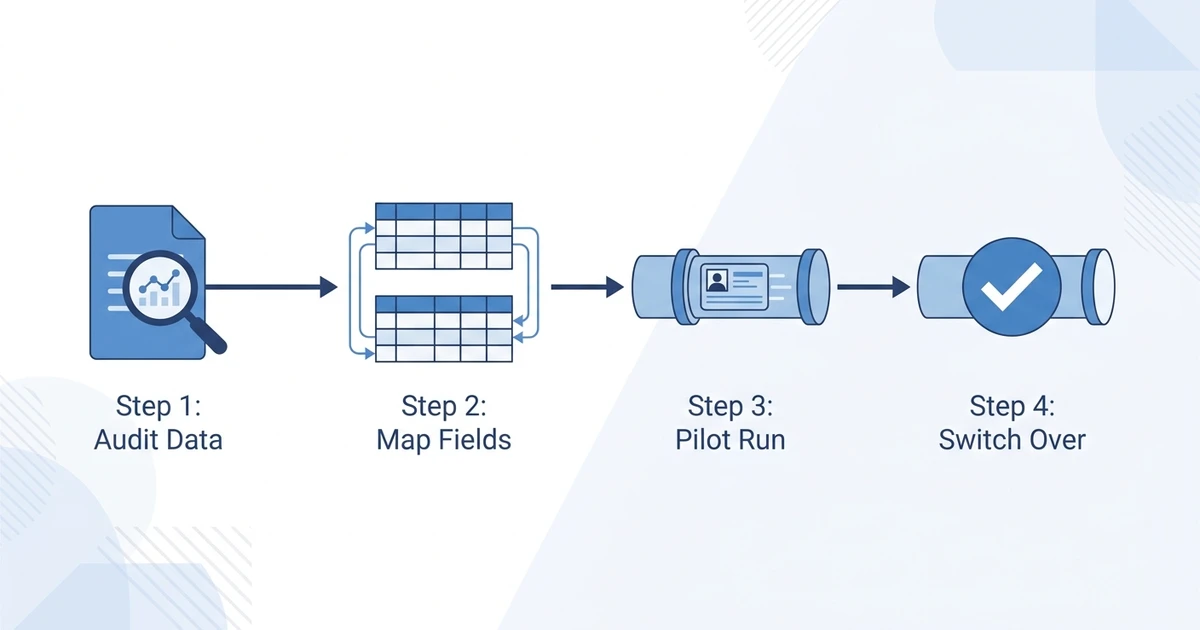 "Step 1: Audit Data", "Step 2: Map Fields", "Step 3: Pilot Run", "Step 4: Switch Over"