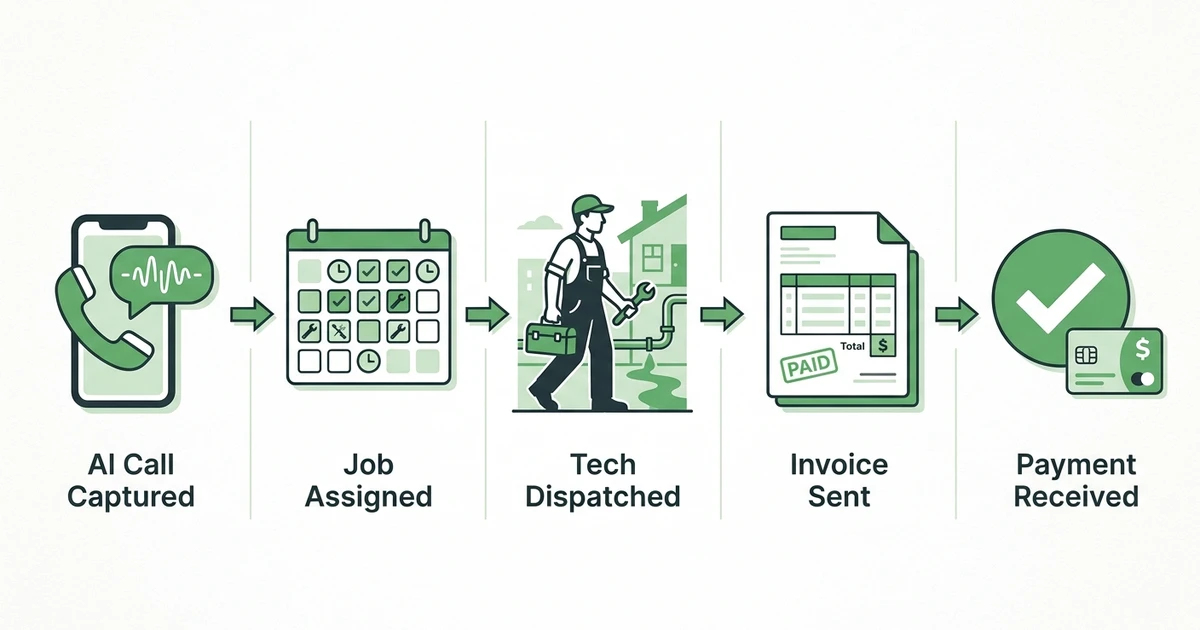 "AI Call Captured", "Job Assigned", "Tech Dispatched", "Invoice Sent", "Payment Received"