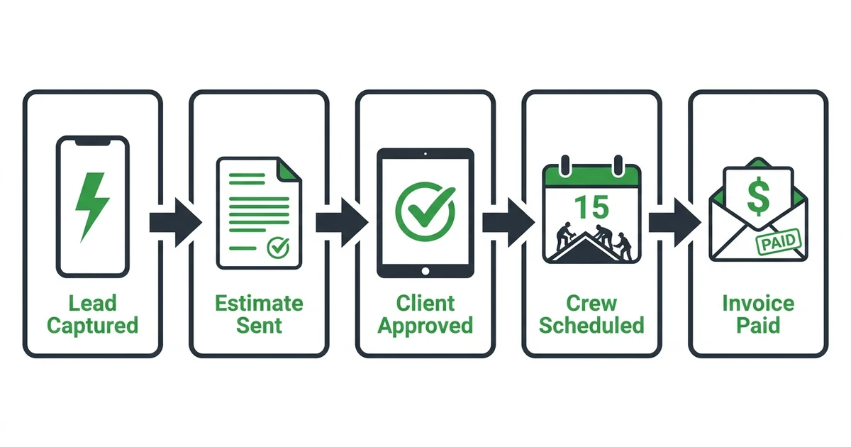 "Lead Captured", "Estimate Sent", "Client Approved", "Crew Scheduled", "Invoice Paid"