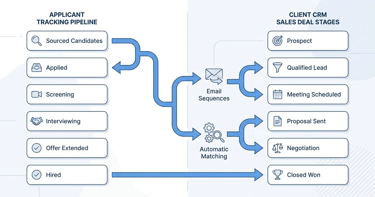 "Sourcing ATS", "Opportunités CRM", "AI Match", "Séquences d'e-mails"