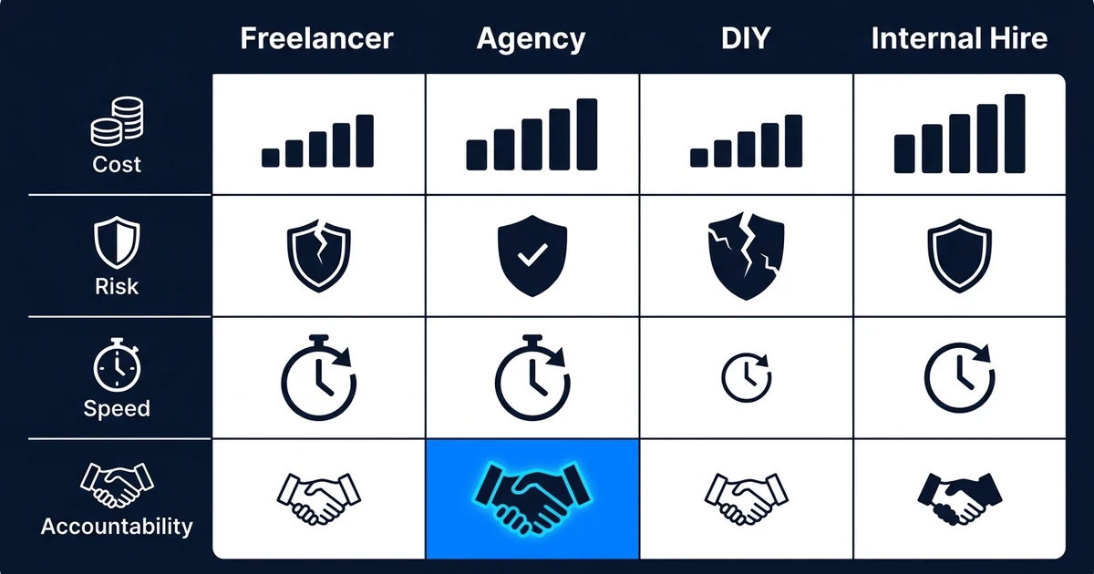 "Cost", "Risk", "Speed", "Accountability", "Freelancer", "Agency", "DIY", "Internal Hire"