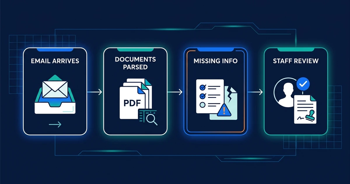 Email Arrives, Documents Parsed, Missing Info, Staff Review