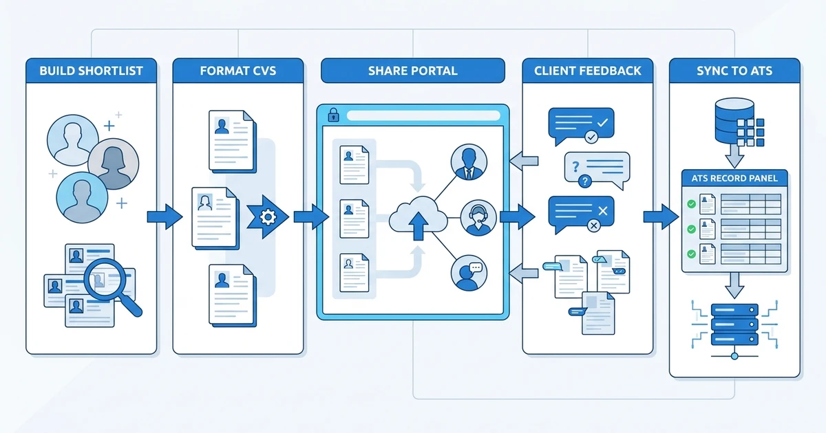 "Build Shortlist", "Format CVs", "Share Portal", "Client Feedback", "Sync to ATS"