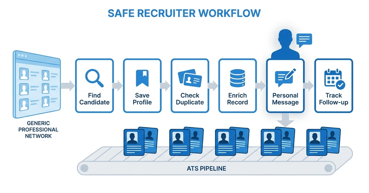 "Find Candidate", "Save Profile", "Check Duplicate", "Enrich Record", "Personal Message", "Track Follow-up"