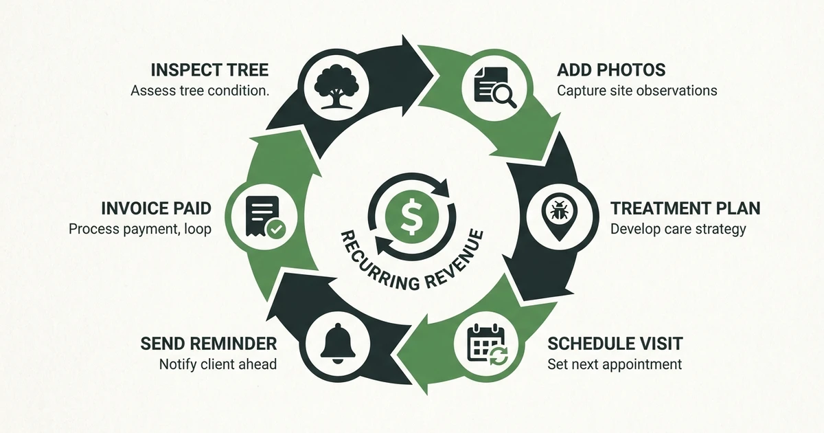 Inspect Tree, Add Photos, Treatment Plan, Schedule Visit, Send Reminder, Invoice Paid