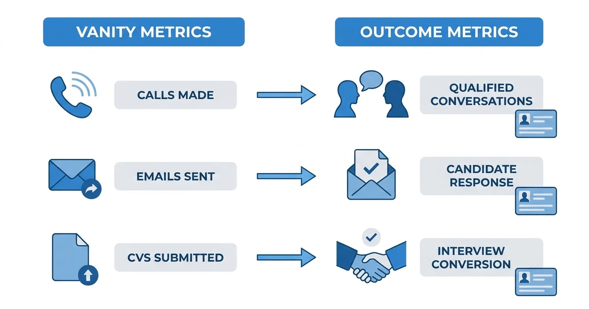 Vanity Metrics, Outcome Metrics, Calls Made, Qualified Conversations, Emails Sent, Candidate Response, CVs Submitted, Interview Conversion