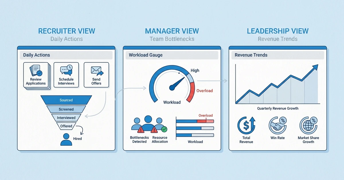 Recruiter View, Manager View, Leadership View, Daily Actions, Team Bottlenecks, Revenue Trends