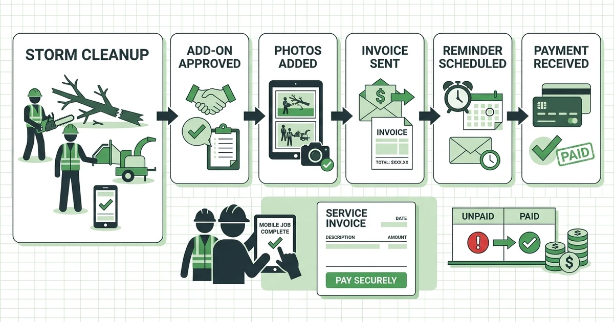 "Storm Cleanup", "Add-On Approved", "Photos Added", "Invoice Sent", "Reminder Scheduled", "Payment Received"