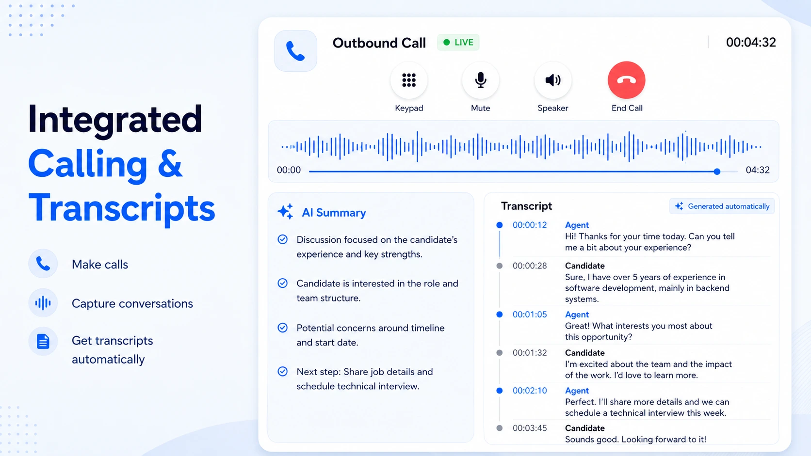 ATZ CRM integrated calling and transcripts interface for recruiter conversations
