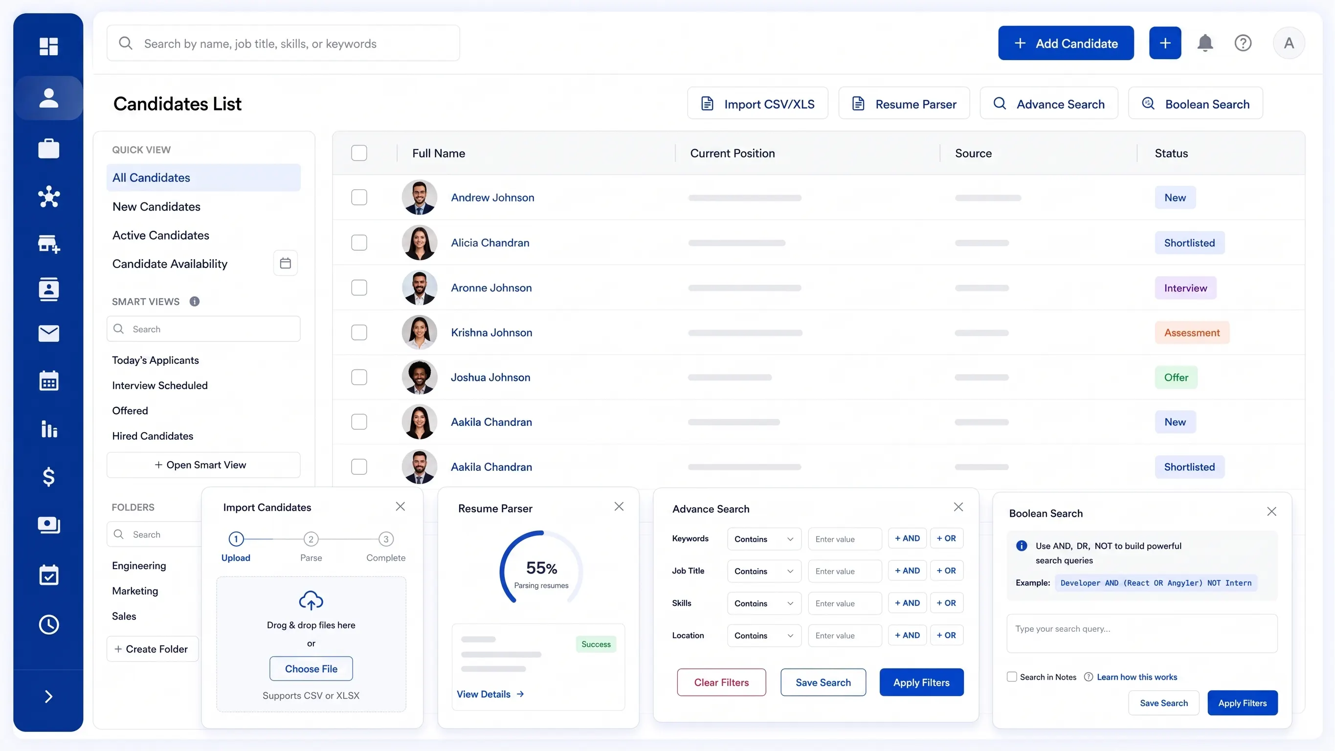 ATZ CRM recruitment platform showing candidate management, resume parsing, import, and advanced search