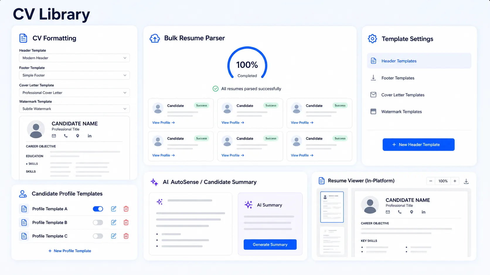ATZ CRM CV library interface for managing and enhancing candidate resumes
