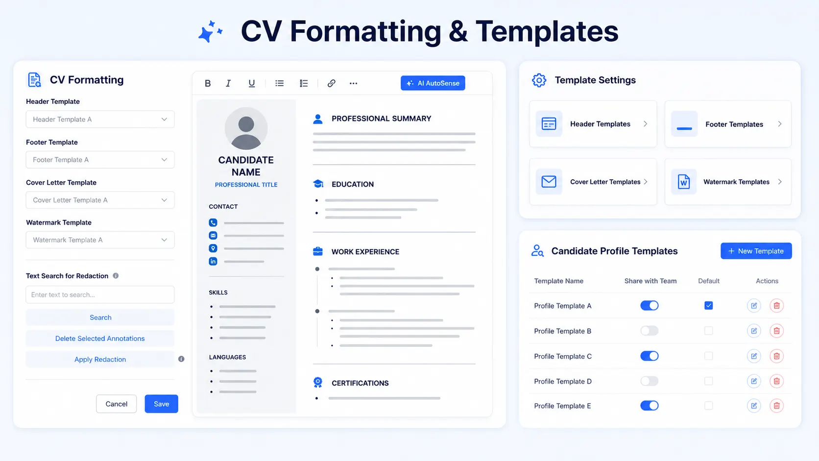 ATZ CRM CV formatting interface for creating polished branded candidate resumes