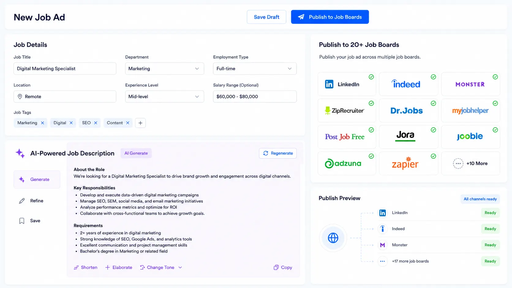 ATZ CRM job board integrations and job publishing interface