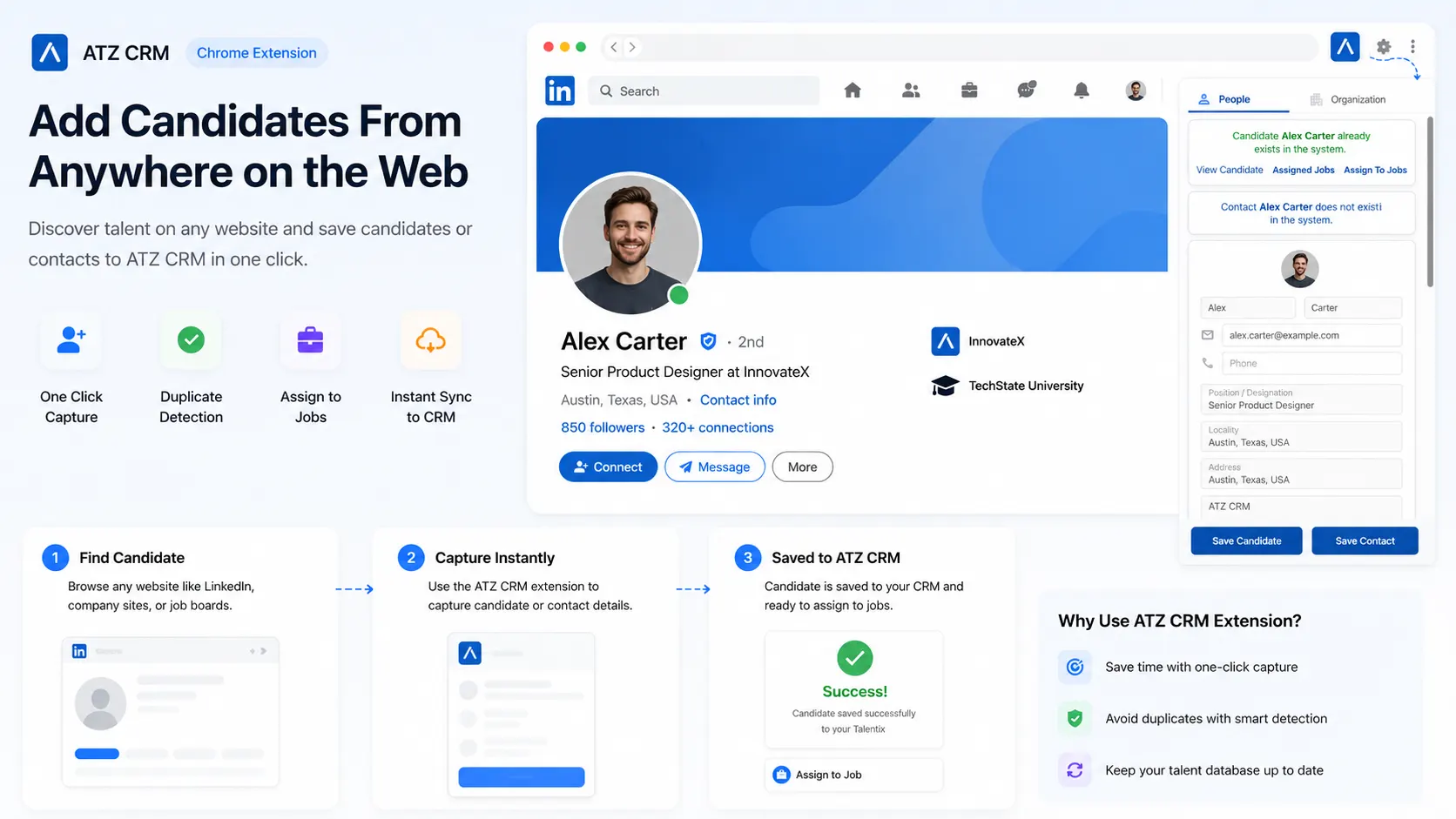 ATZ CRM Chrome extension interface for sourcing candidate profiles