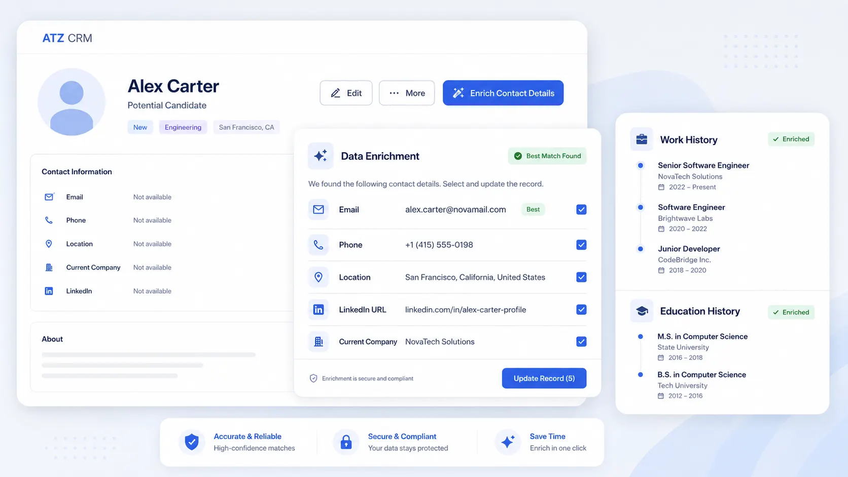 ATZ CRM data enrichment interface for recruiter candidate and contact records