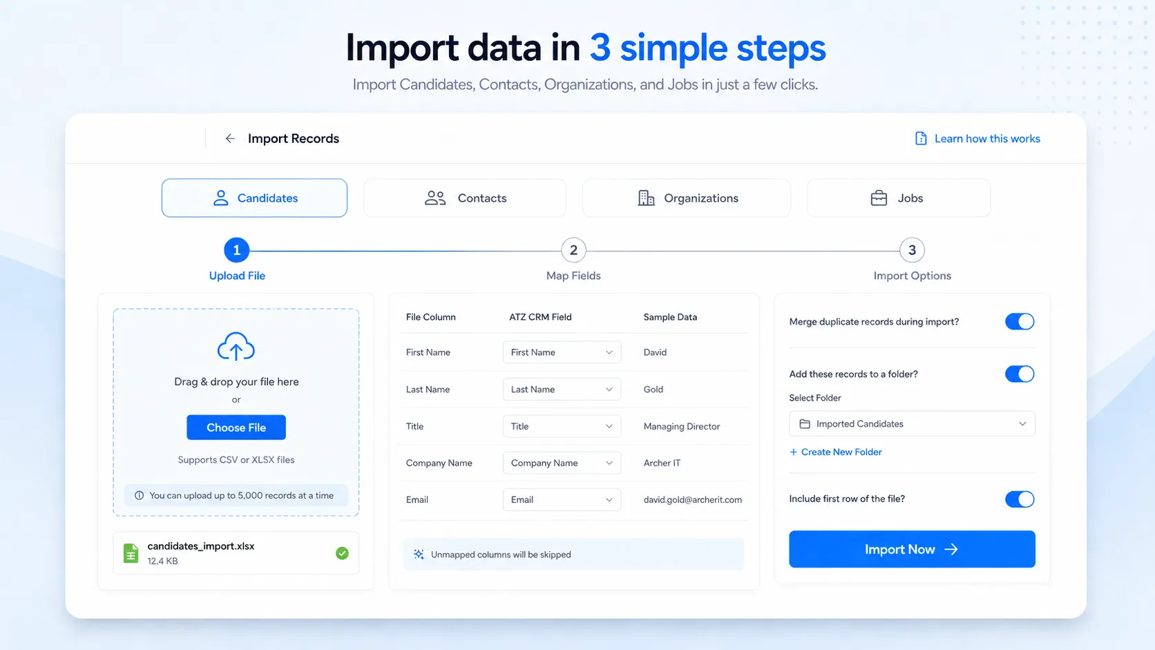 ATZ CRM candidate and client import interface