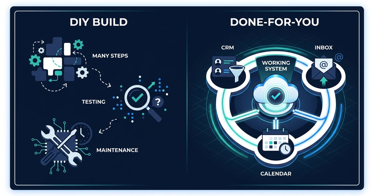 DIY-Build, viele Schritte, für Sie erledigt, funktionierendes System, CRM + Posteingang + Kalender