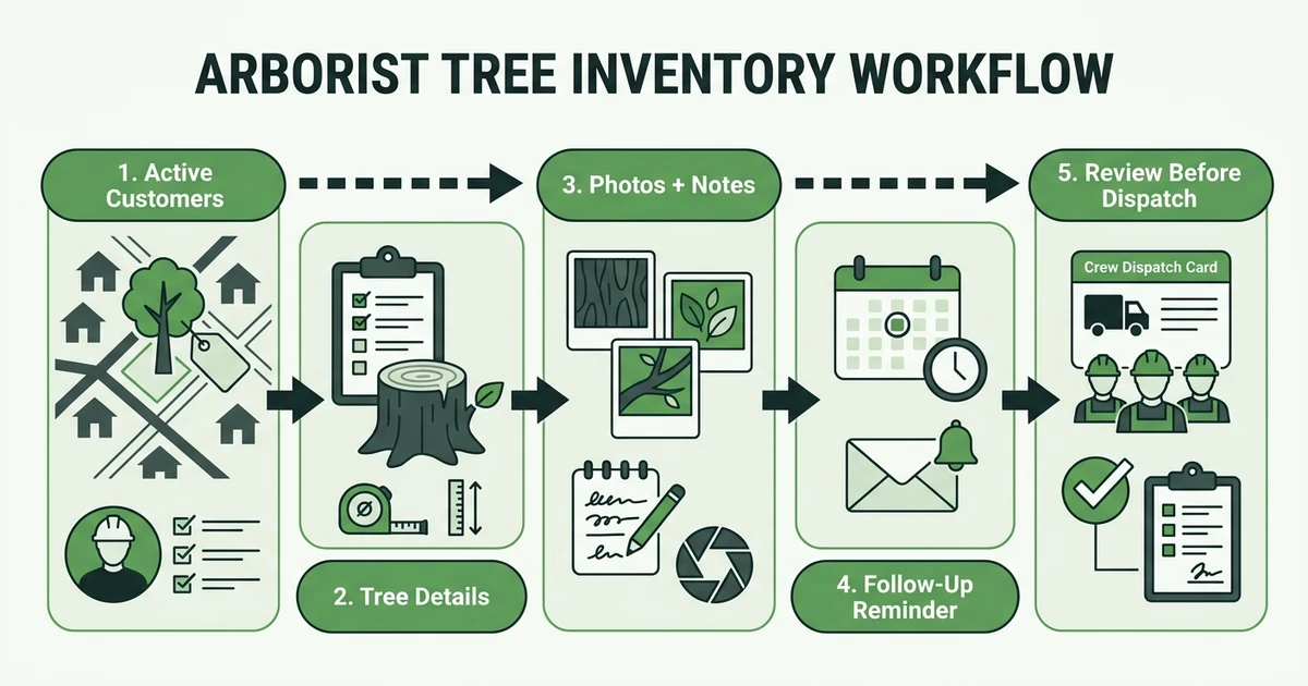 Active Customers, Tree Details, Photos + Notes, Follow-Up Reminder, Review Before Dispatch