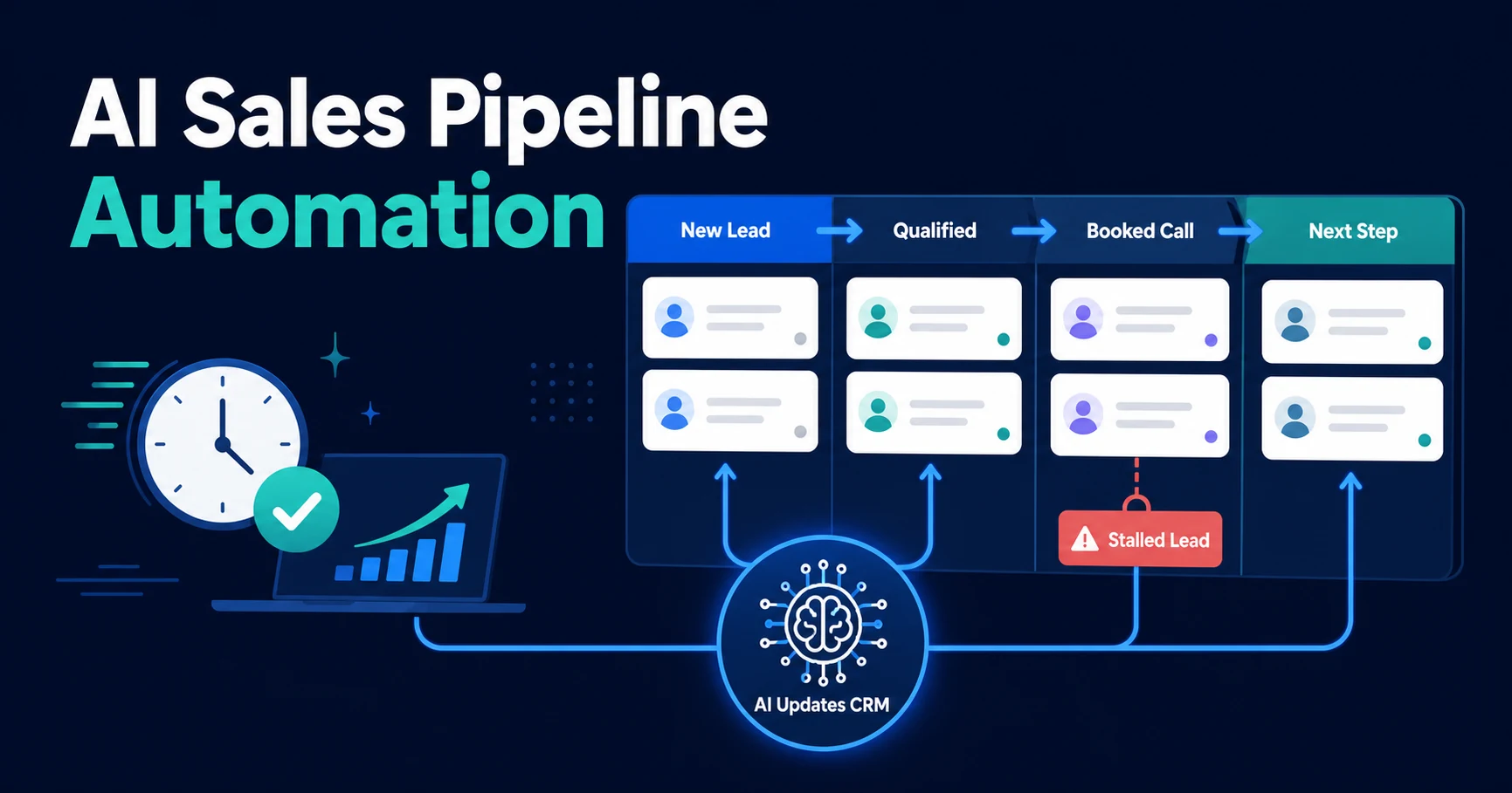 Saiba como AI pipeline workflows mantêm stages, responsáveis, próximos passos e leads bloqueados atualizados sem admin manual de vendas.