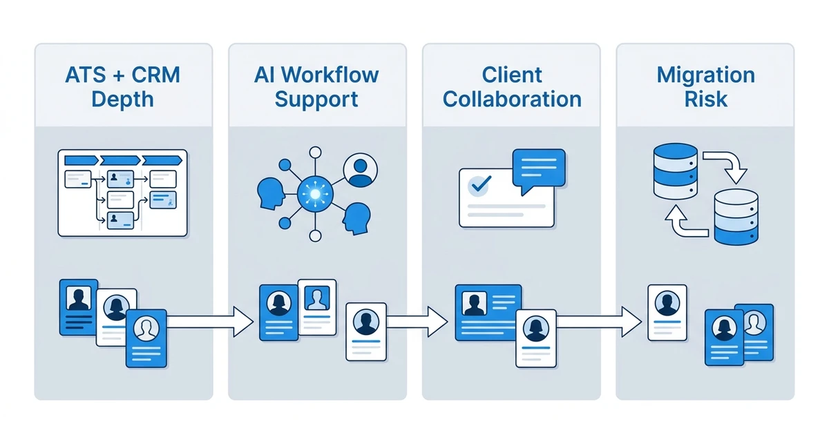 ATS + CRM Depth, AI Workflow Support, Client Collaboration, Migration Risk
