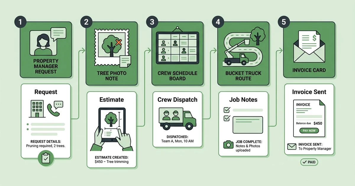 Request, Estimate, Crew Dispatch, Job Notes, Invoice Sent