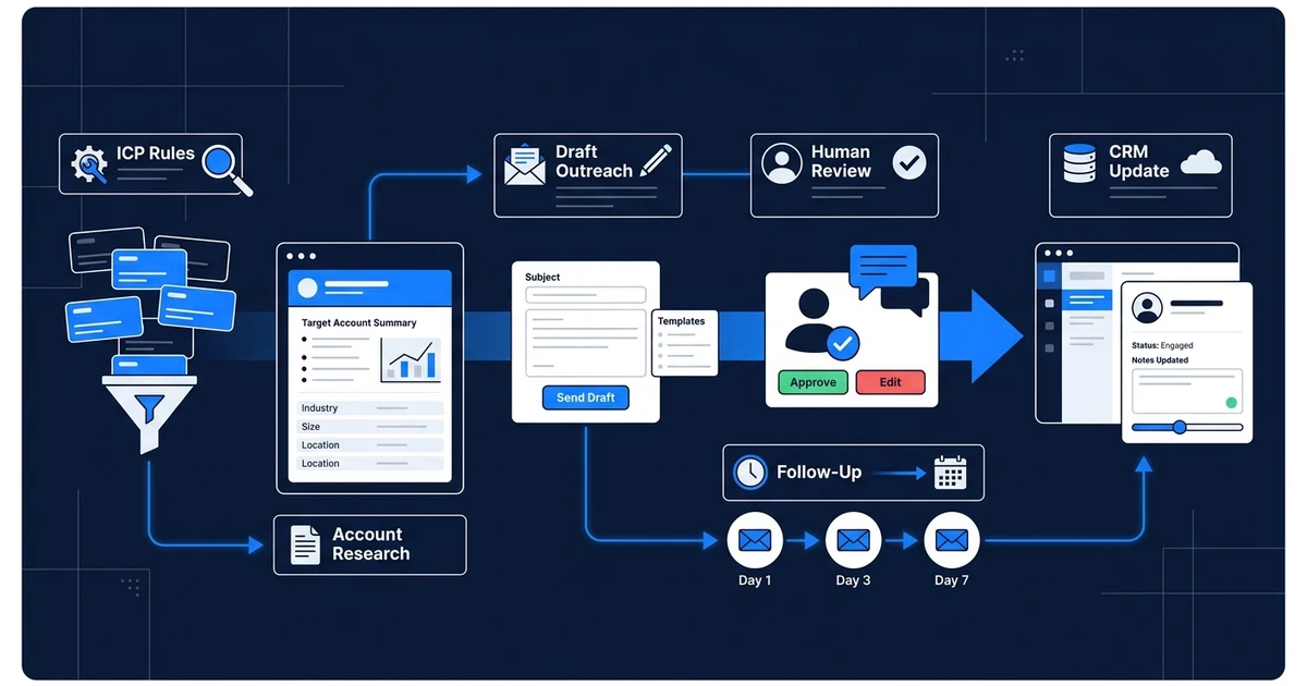 ICP Rules, Account Research, Draft Outreach, Human Review, Follow-Up, CRM Update