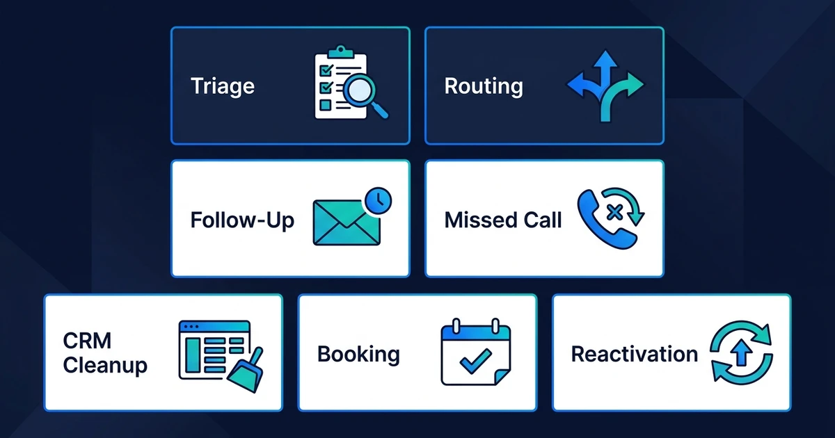Triage, Routing, Follow-Up, Missed Call, CRM Cleanup, Booking, Reactivation