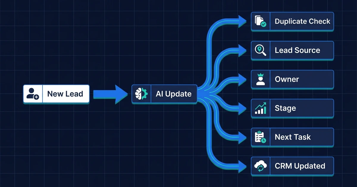 Nuevo lead, Comprobación de duplicados, Fuente del lead, Responsable, Etapa, Próxima tarea, CRM actualizado