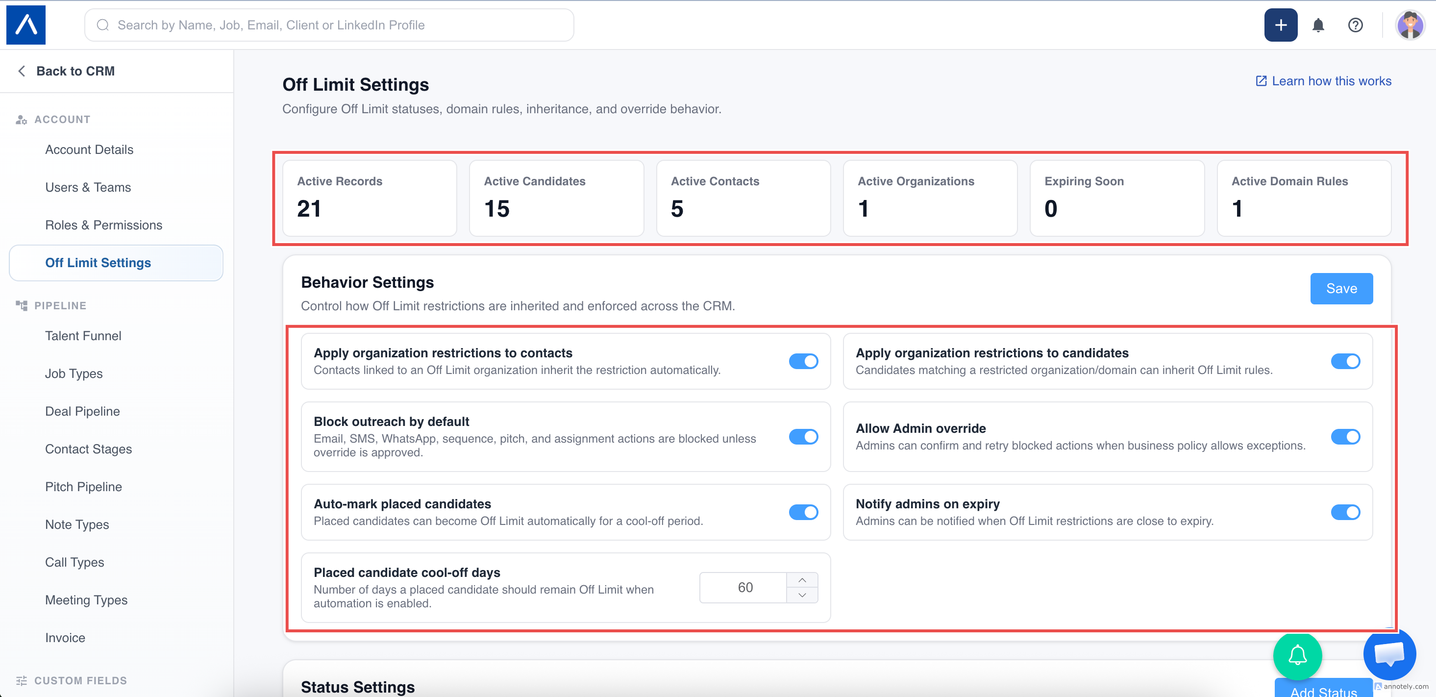 Create Off Limit status in ATZ CRM