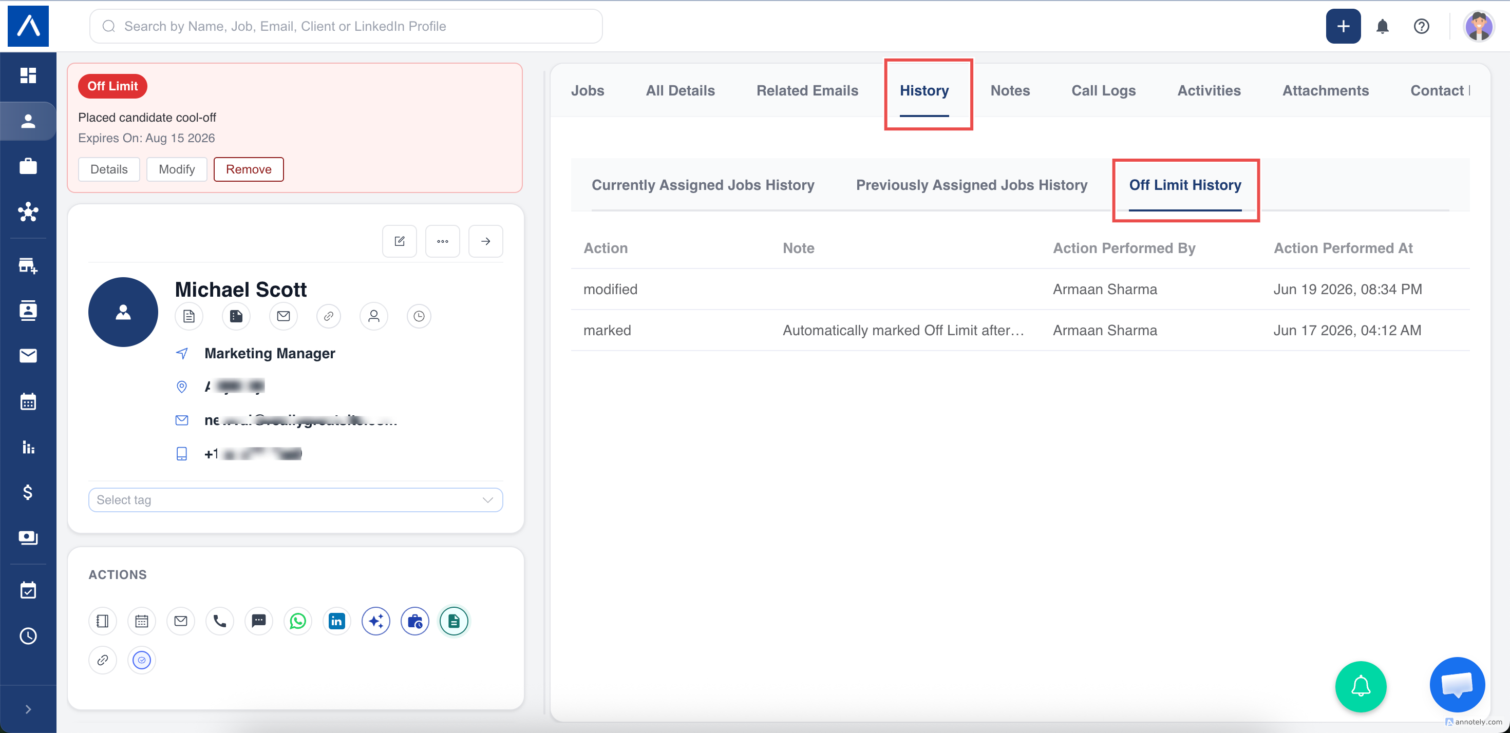 Off Limit history log in ATZ CRM