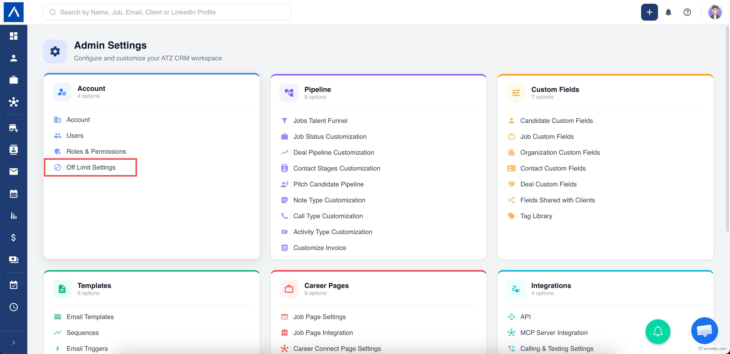 Off Limit settings list in ATZ CRM