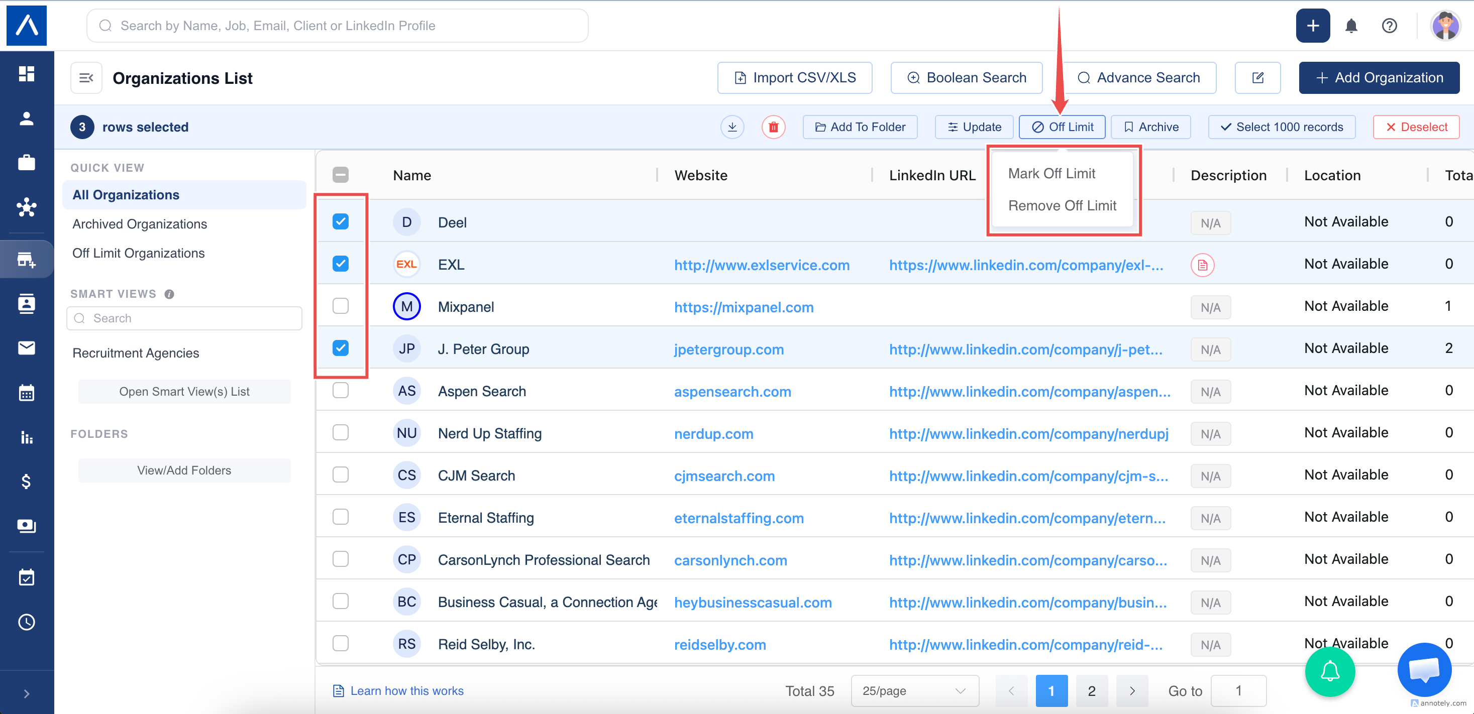 Bulk Off Limit action in ATZ CRM