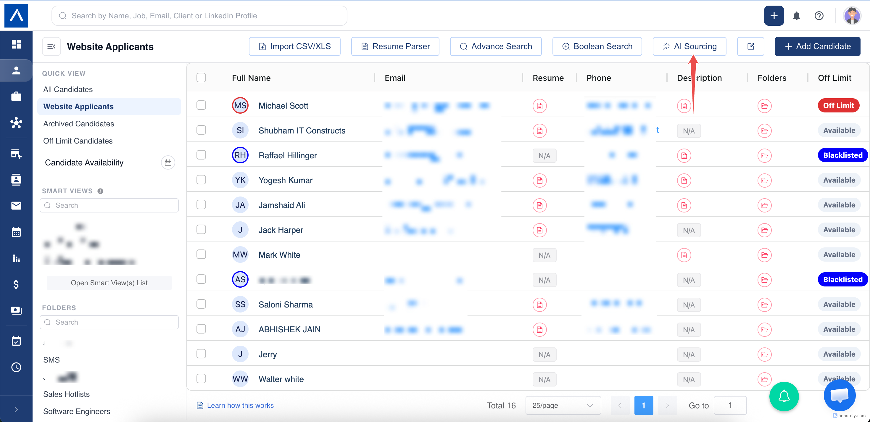 AI Sourcing button in Candidates module