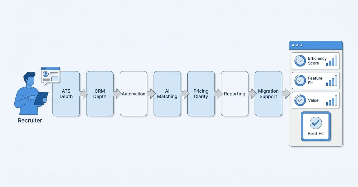 ATS Depth, CRM Depth, Automation, AI Matching, Pricing Clarity, Reporting, Migration Support