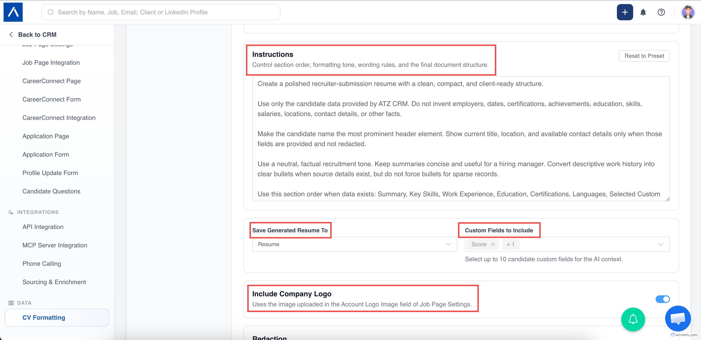 Custom AI resume instructions