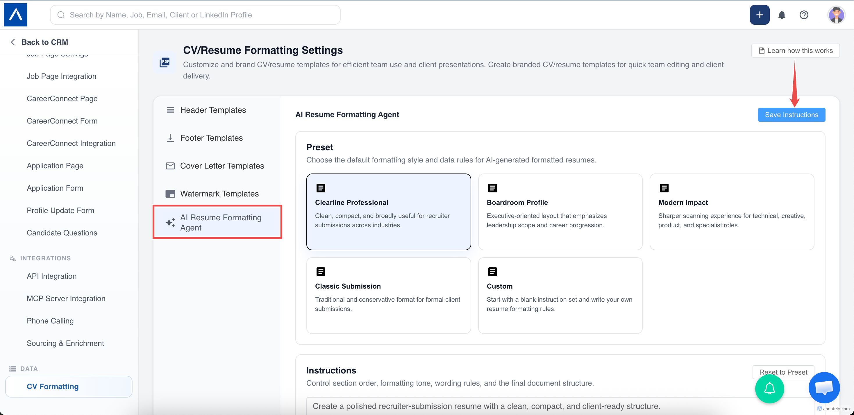 AI resume formatting settings panel