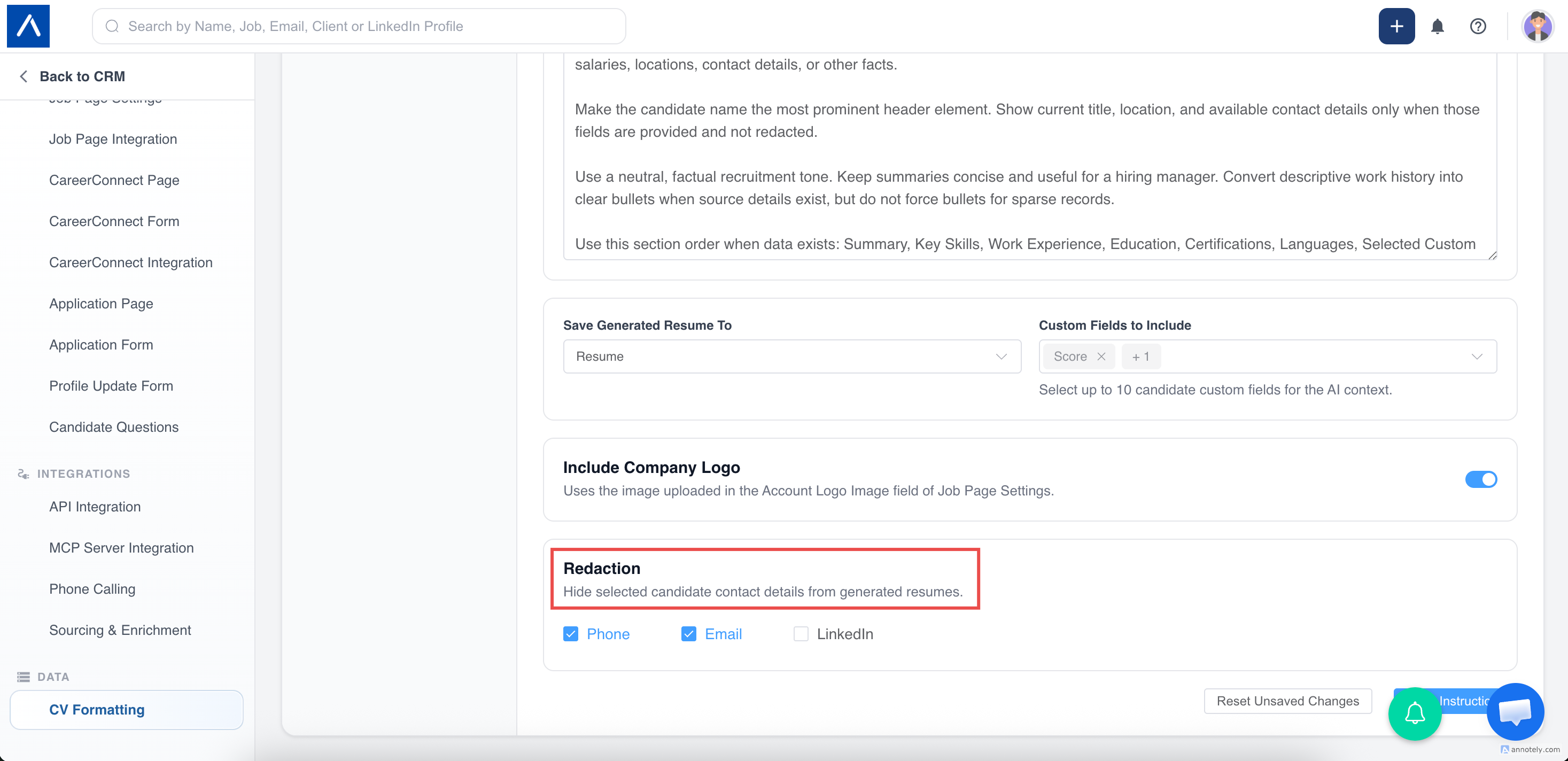 AI resume redaction settings