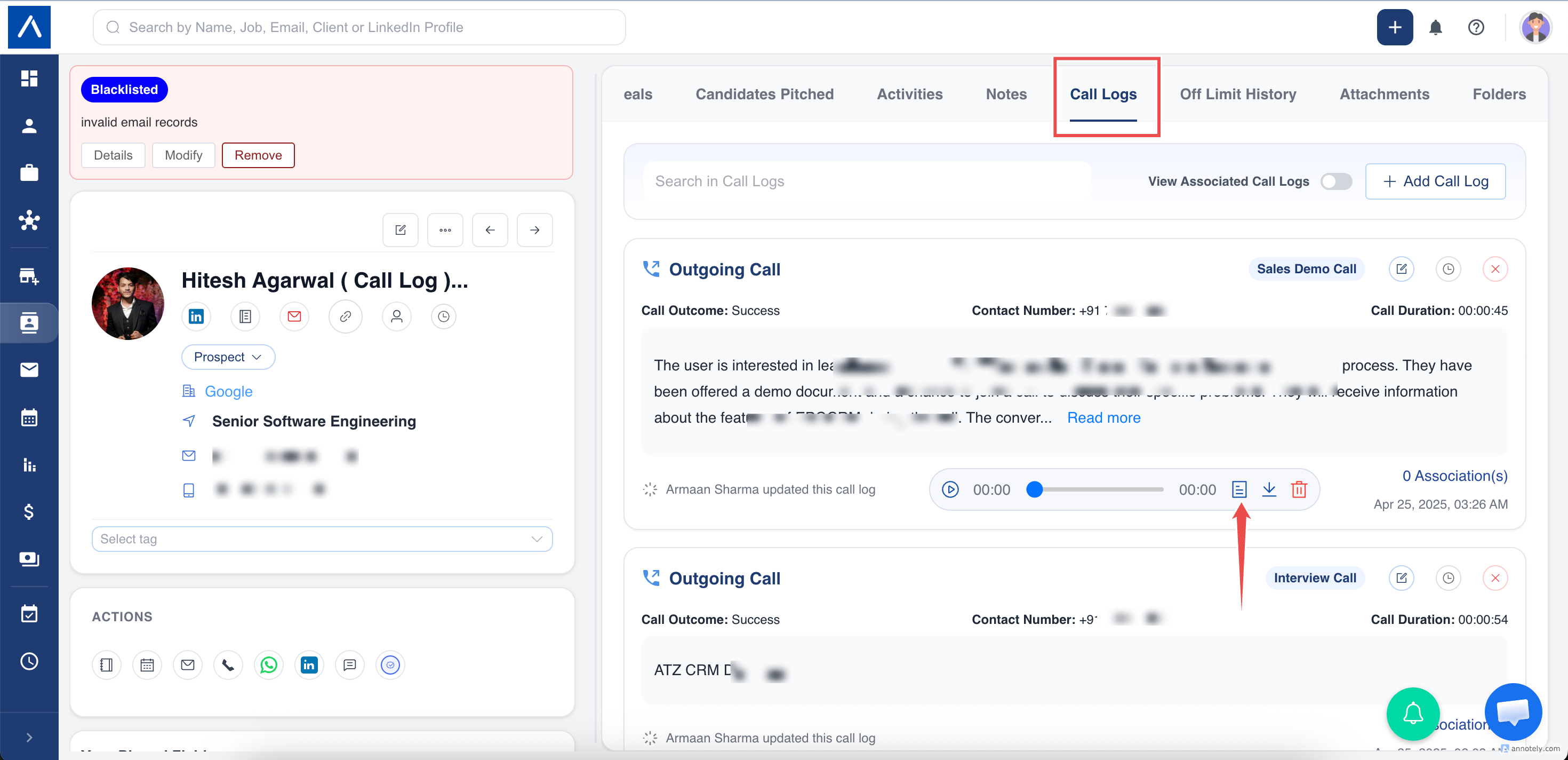 Call transcript dialog