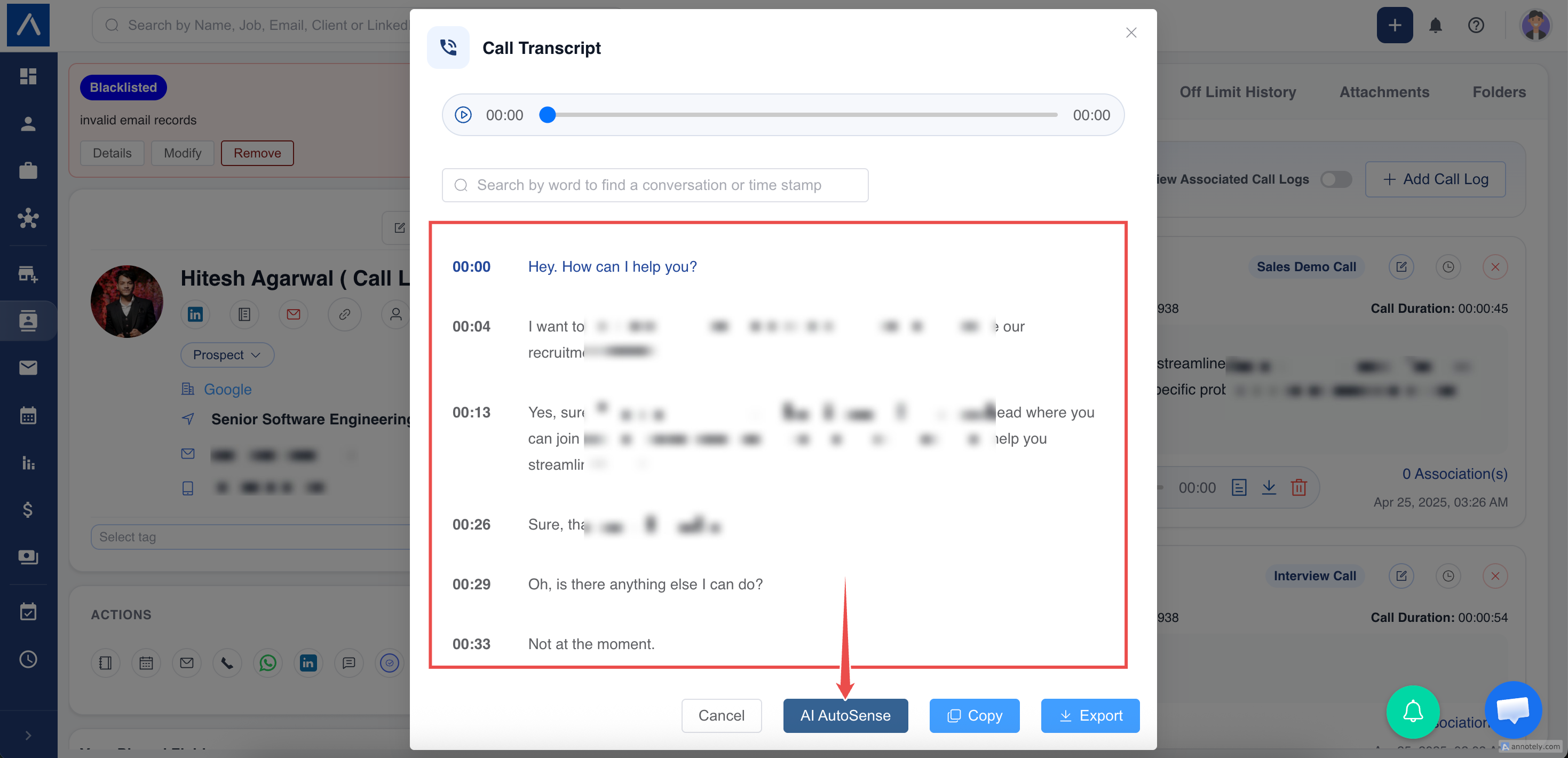 Transcript search and playback view