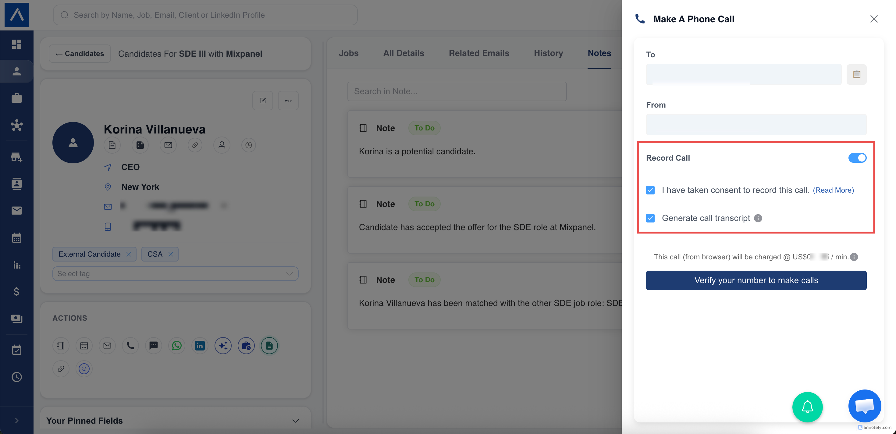 Call transcript option in calling panel