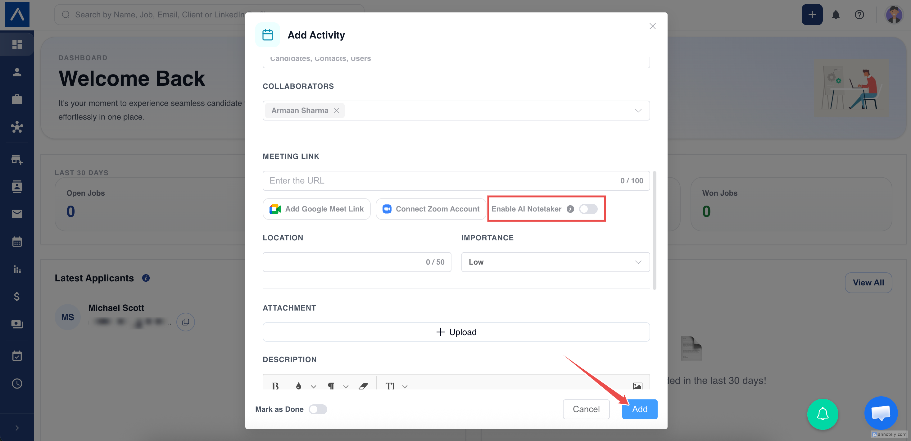 Enable AI Notetaker on activity