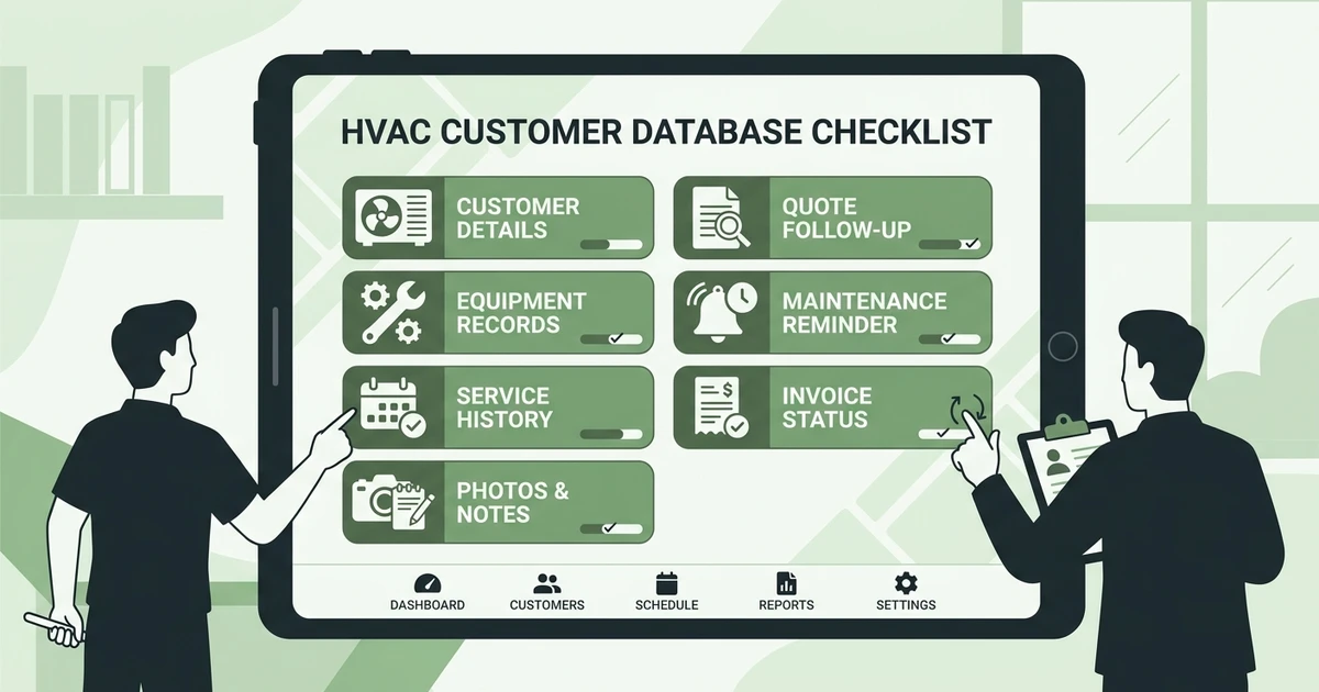 Customer Details, Equipment Records, Service History, Photos & Notes, Quote Follow-Up, Maintenance Reminder, Invoice Status
