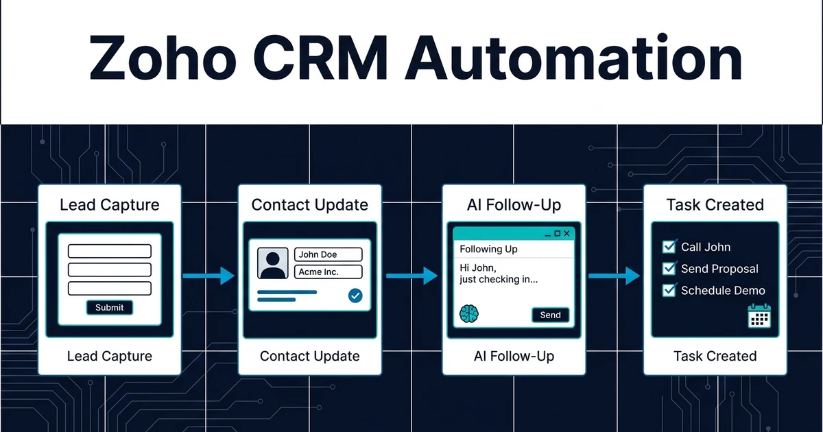 Vea cómo AI automatiza leads, contactos, módulos, reglas de asignación, tareas, Blueprints y seguimiento en Zoho CRM sin complicar el sistema.