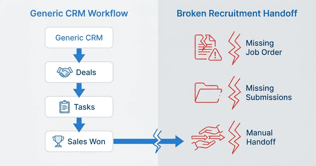 Generic CRM, Deals, Tasks, Sales Won, Missing Job Order, Missing Submissions, Manual Handoff