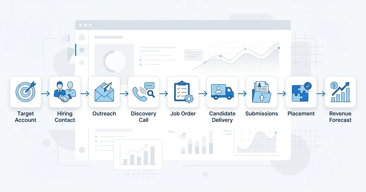 Target Account, Hiring Contact, Outreach, Discovery Call, Job Order, Candidate Delivery, Submissions, Placement, Revenue Forecast