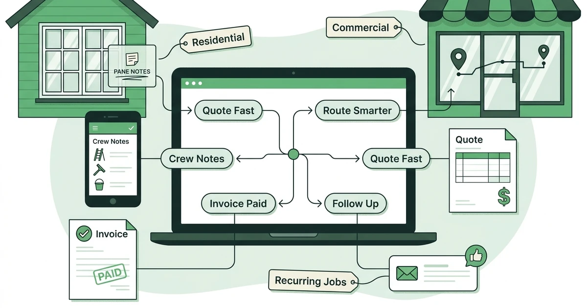 Window cleaning software decision map for quoting, routes, crew notes, invoices, and follow-ups