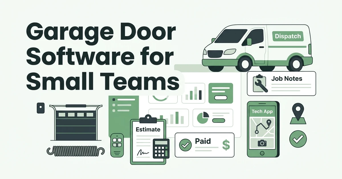 Compare garage door business software for dispatch, quotes, field invoicing, payments, job management, customer history, and technician-friendly mobile workflows.
