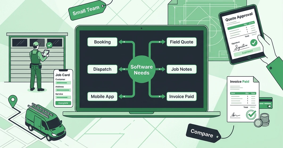 Booking, Dispatch, Mobile App, Field Quote, Job Notes, Invoice Paid, Small Team, Compare