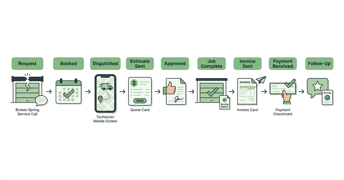 Request, Booked, Dispatched, Estimate Sent, Approved, Job Complete, Invoice Sent, Payment Received, Follow-Up
